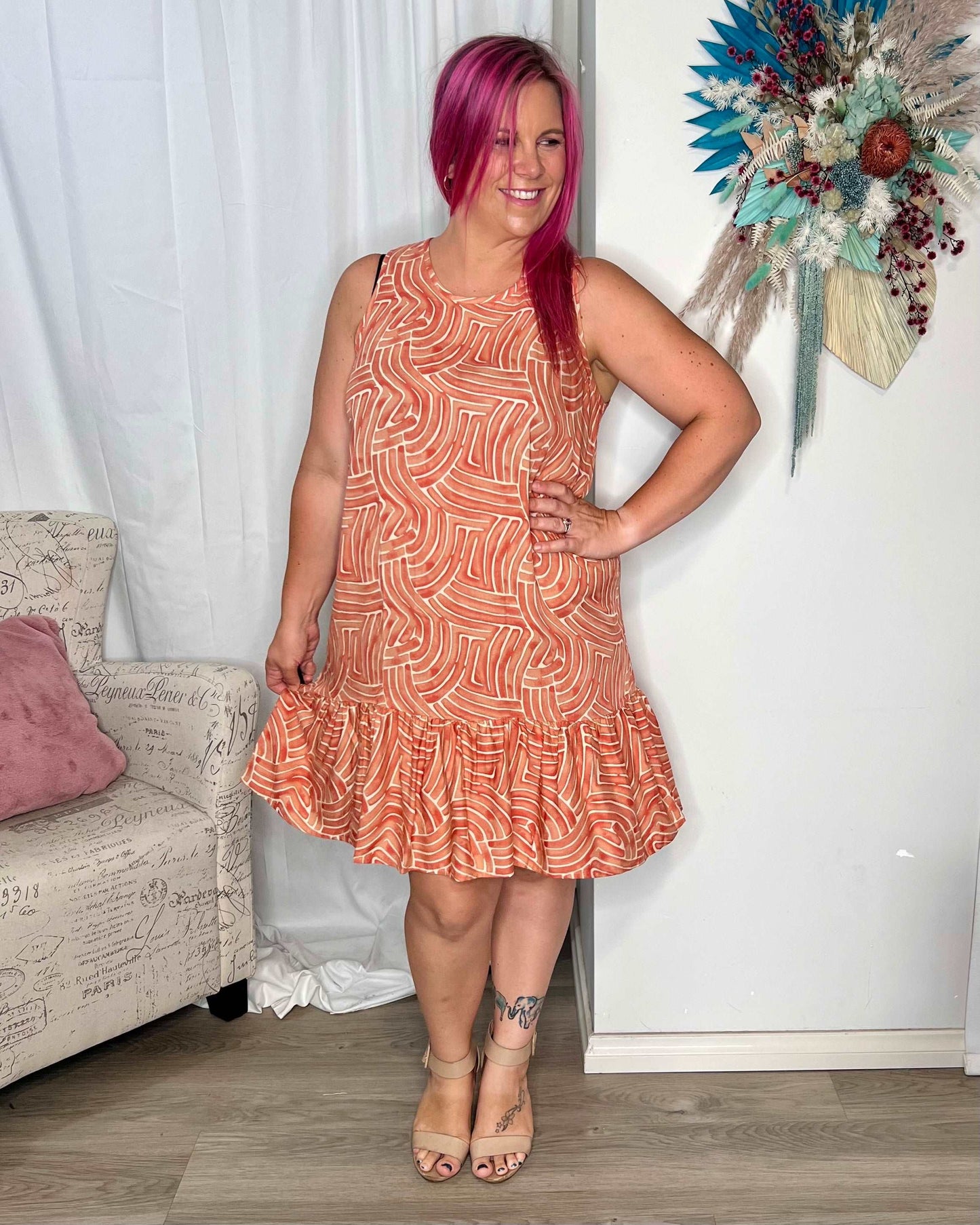 ***NEW*** Abstract Frill Dress: You will love spending Summer days in the beautiful Abstract Frill Dress. A figure flattering style fabricated in a soft rayon. Perfect for a picnic, long lunch or a - Ciao Bella Dresses