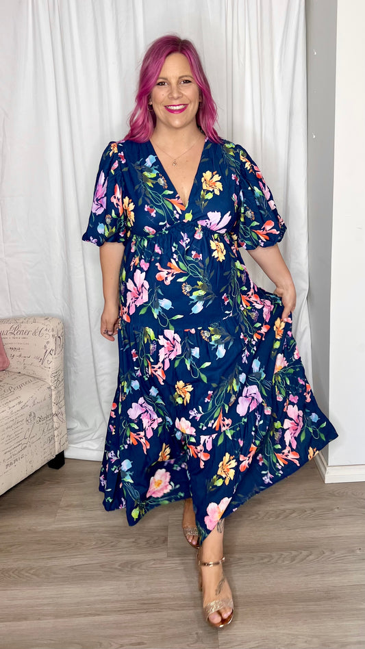 Picture Perfect Floral Midi Dress: Picture Perfect by name, Picture Perfect by nature. The stunning watercolour floral print against a navy background make this dress the picture perfect option to you - Ciao Bella Dresses - Ebby and I