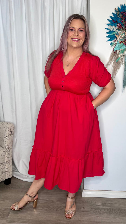 Noelle Dress: Look no further your festive frock is found! Our new Noelle Dress in vibrant red is fun and oh so flirty!! The puff sleeve, v neckline and ruffle hem give this dress - Ciao Bella Dresses - Bee Maddison