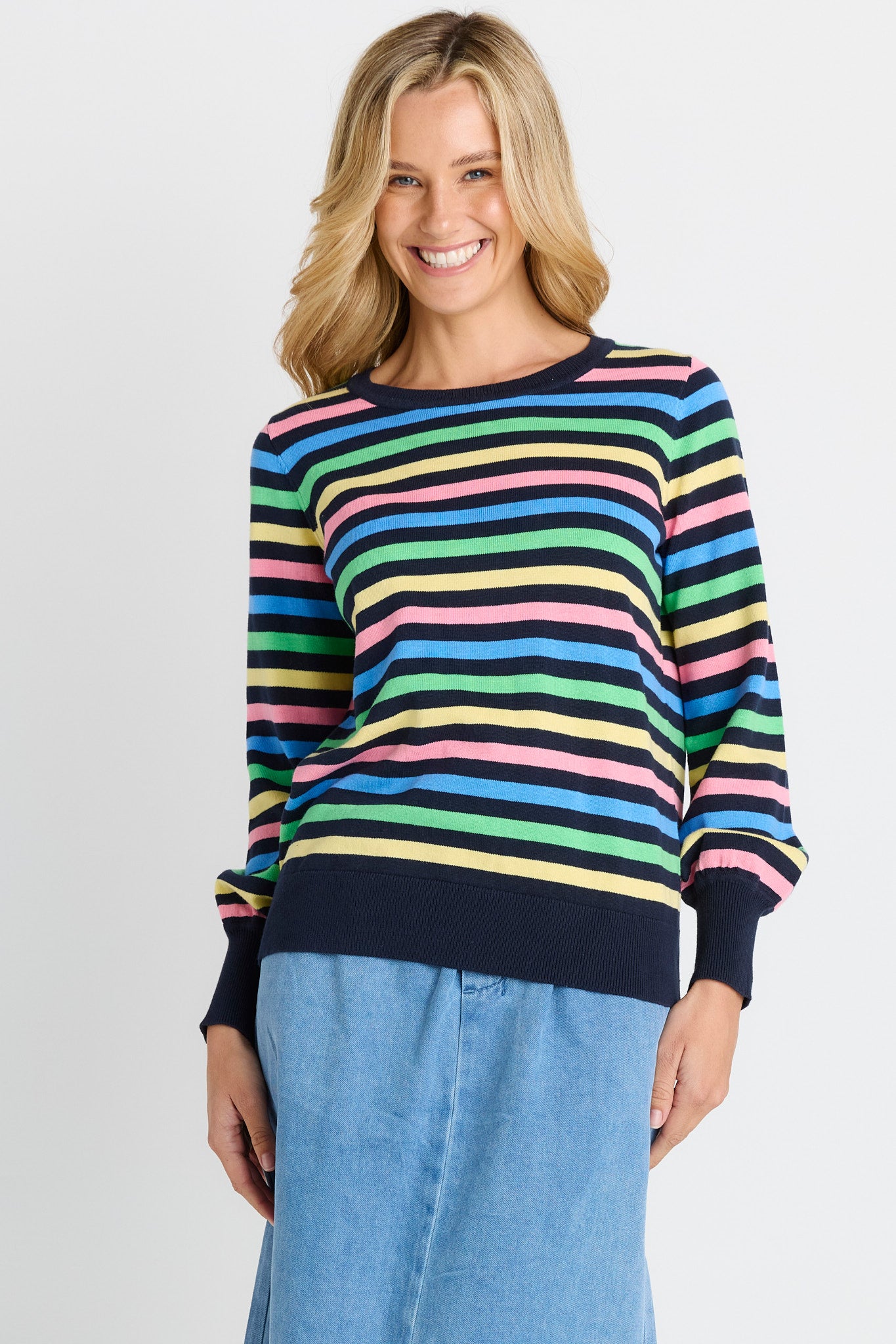 Indie Knit Sweater - Rainbow Navy Stripe