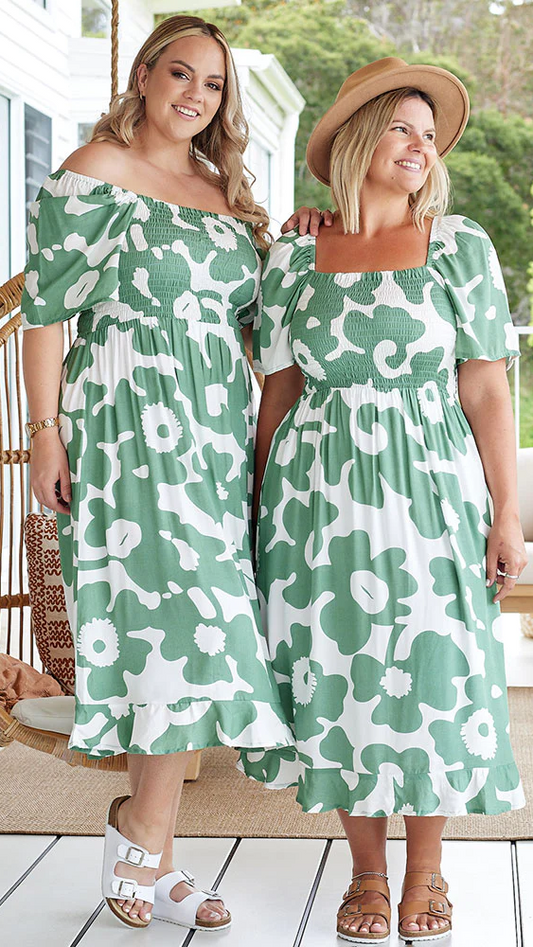 Shae Midi Dress: Stand-out in Shae, our new midi dress design in green &amp; white floral print. A square cut neckline, shirred bodice and flutter sleeve are beautifully complimented - Ciao Bella Dresses - Bee Maddison