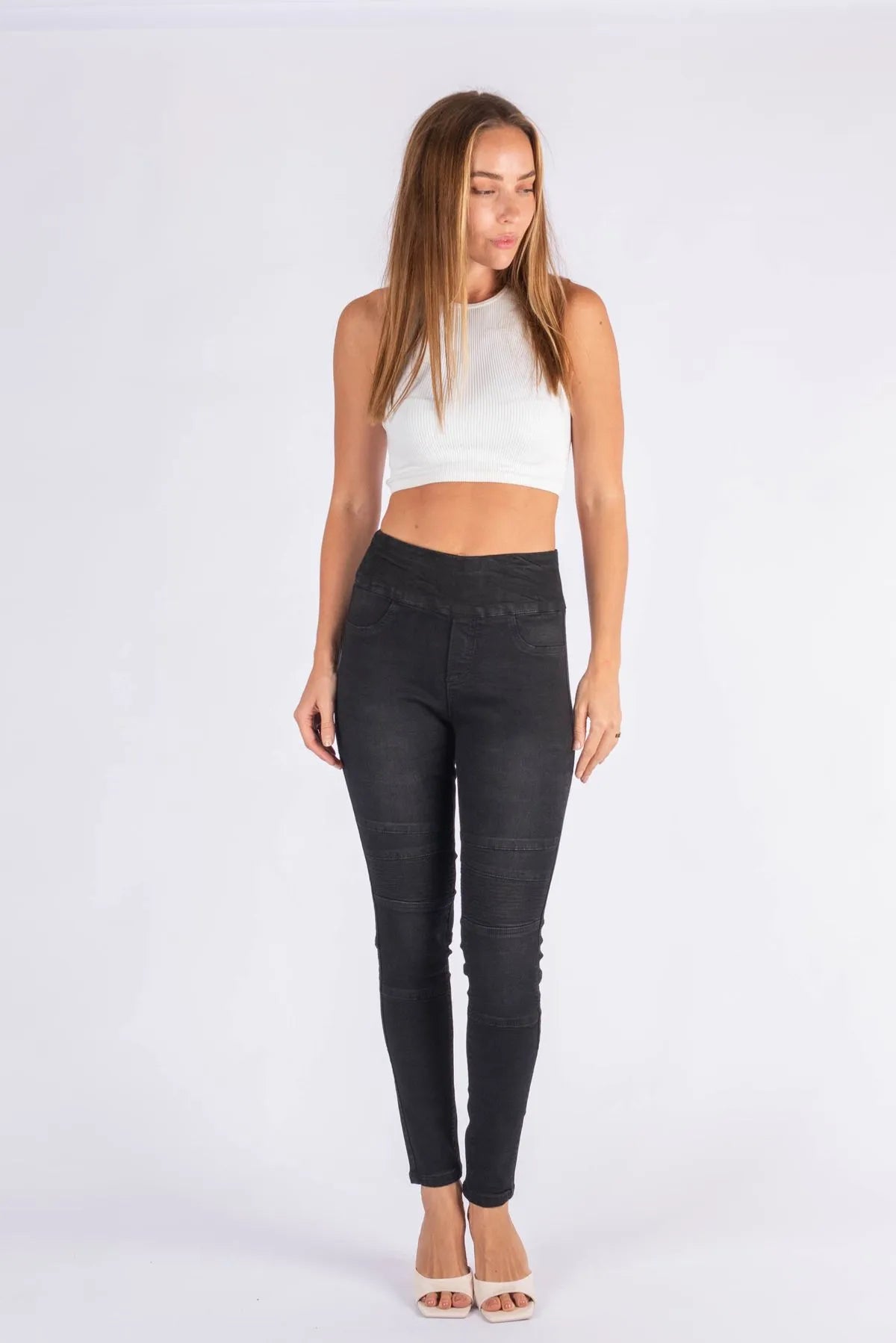Moto Panel Jeans by Wakee - Black Wash | Wakee Denim | The ultimate in comfort. With the look of jeans but the comfort of leggings, you won’t want to take these off! With a comfortable and stretchy fit, these jeans allow