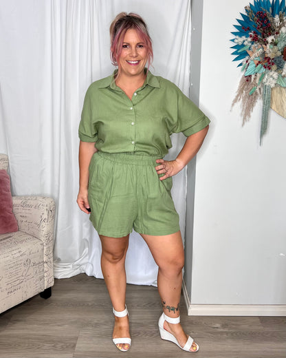 **NEW** Lily Shirt: Add stylish sage to your Autumn wardrobe with the new Lily Shirt. Made from a linen and rayon blend the shirt features a button front, mid-length cuffed sleeve and c - Ciao Bella Dresses - Freez