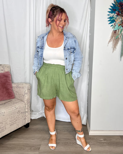**NEW** Lily Shorts: Stylish in sage with our Lily Shorts. A cool, casual short in a linen &amp; rayon blend. Features include a comfortable elasticised waist and concealed side pockets. - Ciao Bella Dresses - Freez