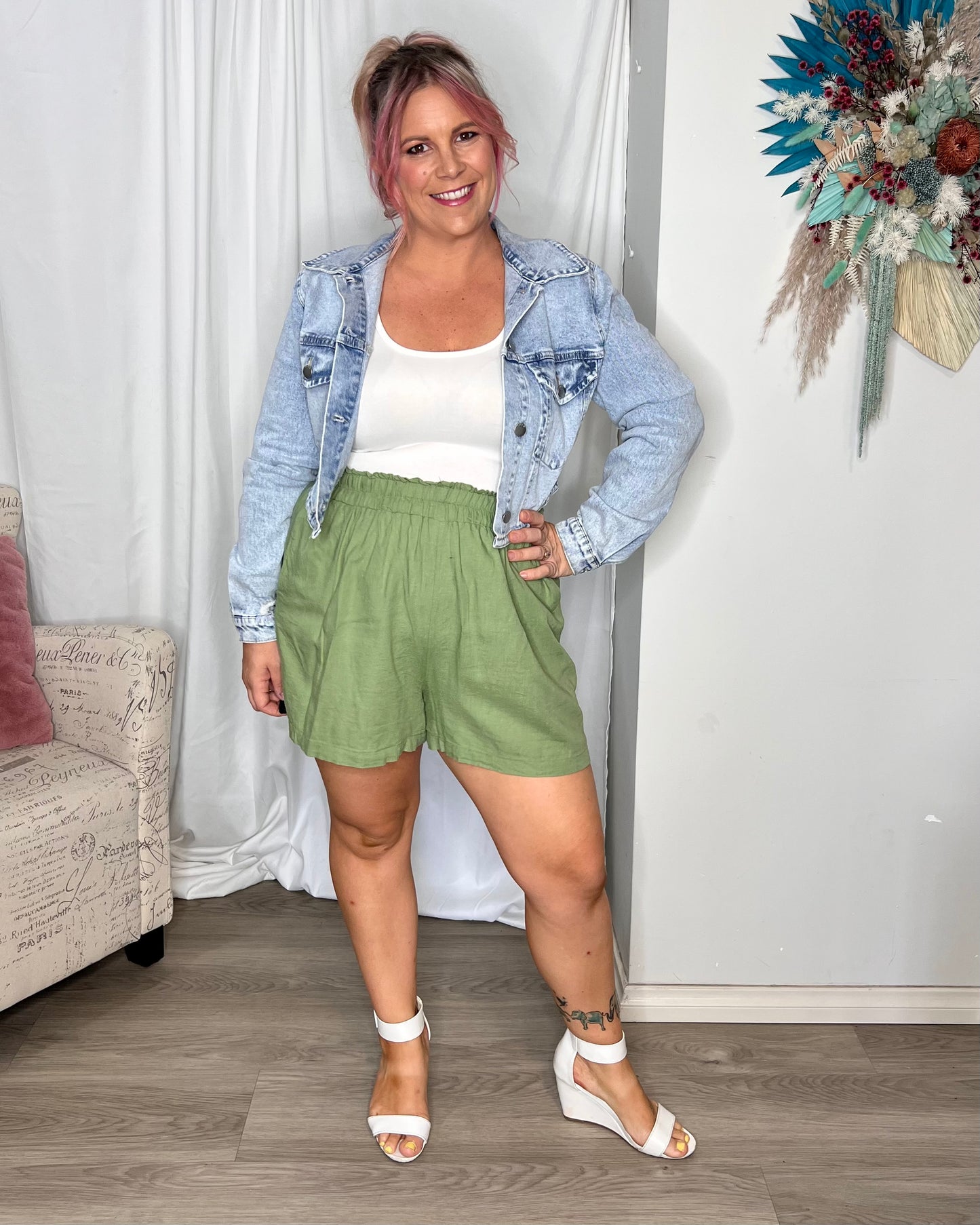**NEW** Lily Shorts: Stylish in sage with our Lily Shorts. A cool, casual short in a linen &amp; rayon blend. Features include a comfortable elasticised waist and concealed side pockets. - Ciao Bella Dresses - Freez