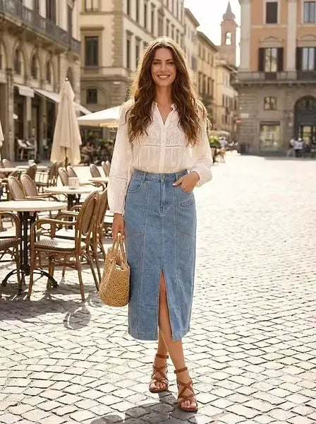 Stretch Denim Midi Skirt with Front Split