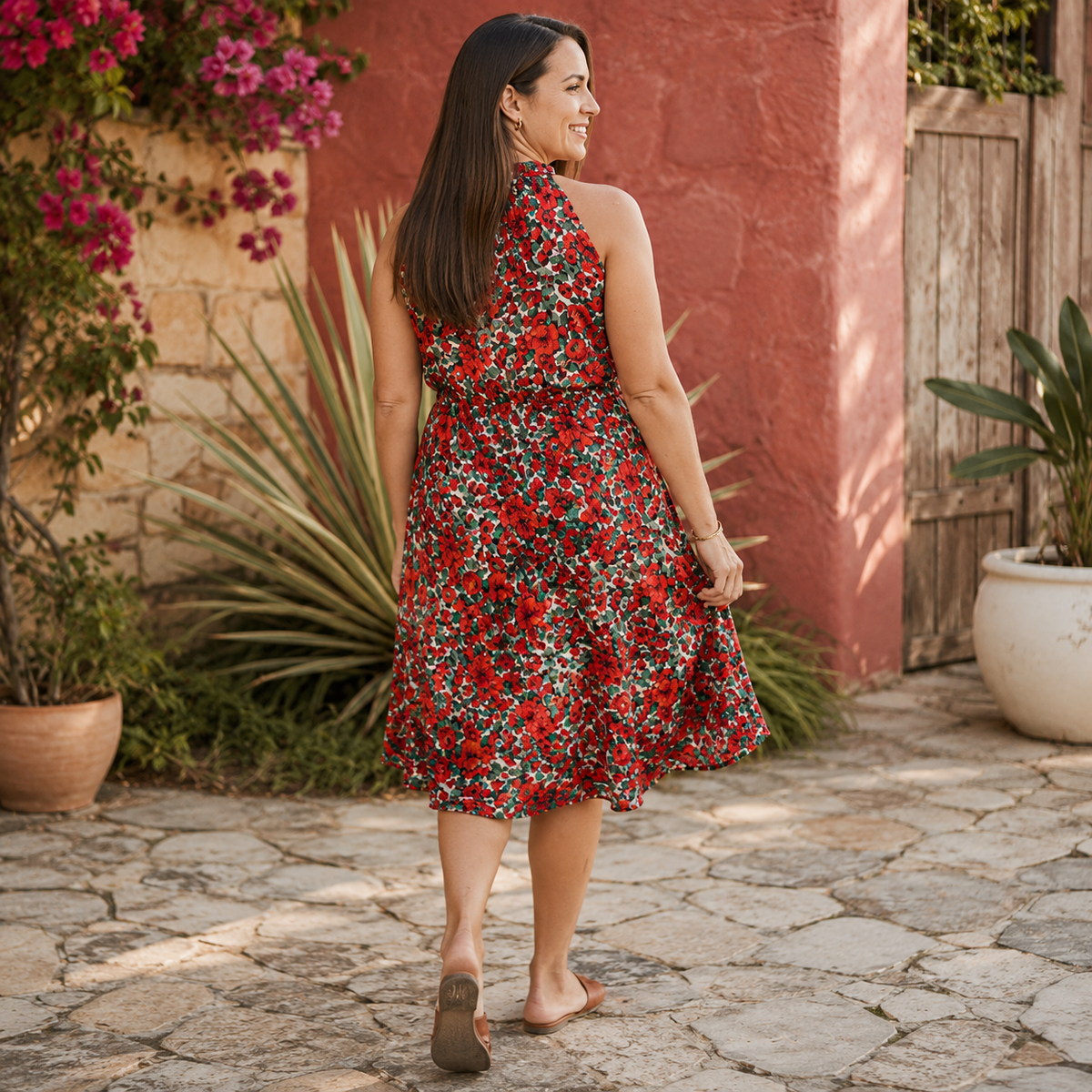 Amy Halter Midi Dress - Red Floral