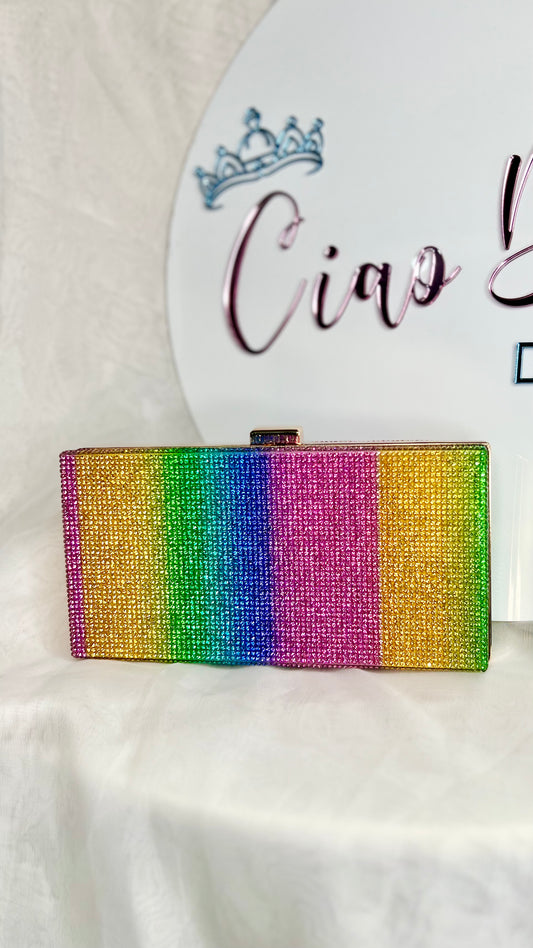 Alina Evening Bag: The Alina Evening Bag has all the colour and sparkle one could dream of. This bag will bring any outfit to life
Features:

Top clasp
Gorgeous block rainbow pattern
T - Ciao Bella Dresses - Ciao Bella Dresses