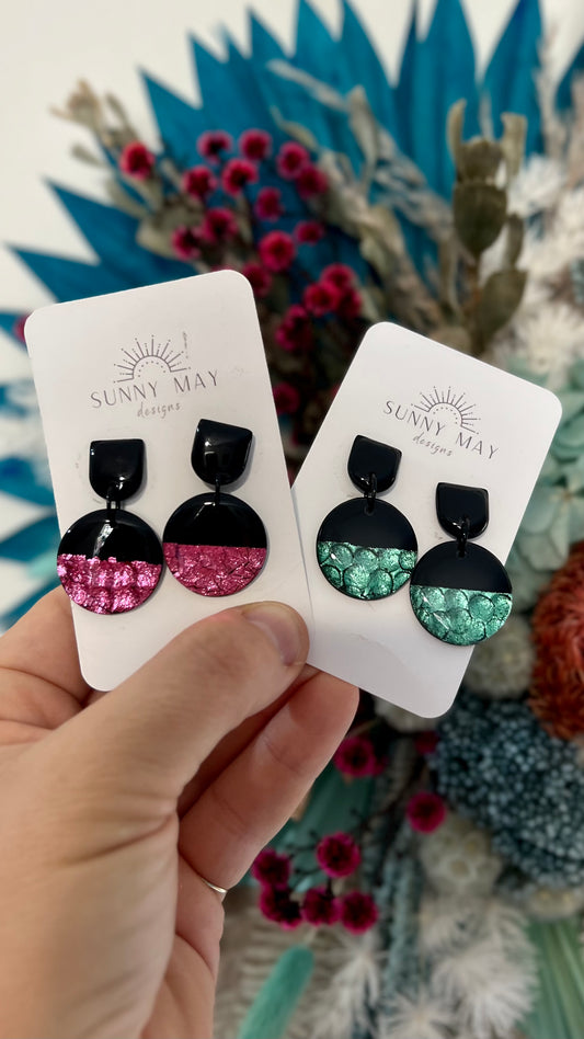 Sunny May Black Foil Earrings: These earrings are handmade from a delightful mix of gloss black with a vibrant contrasting foil feature
These gorgeous pieces are made in Perth WA  - Ciao Bella Dresses - Sunny May Designs