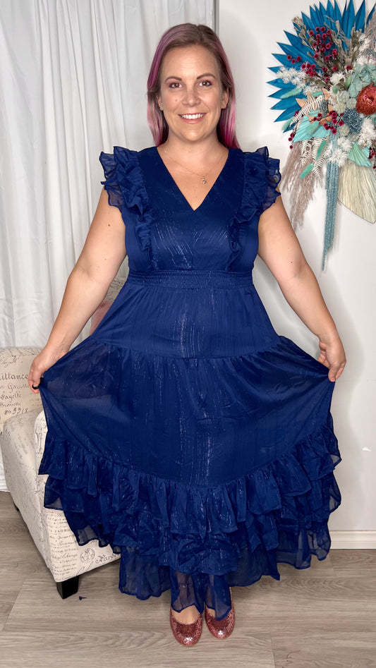 Diana Ruffle Dress: Be the centre of attention no matter what your plans are with this navy ruffle dress. It's navy blue hue chiffon material is sure to inject some bold tones into your - Ciao Bella Dresses - Spicy Sugar