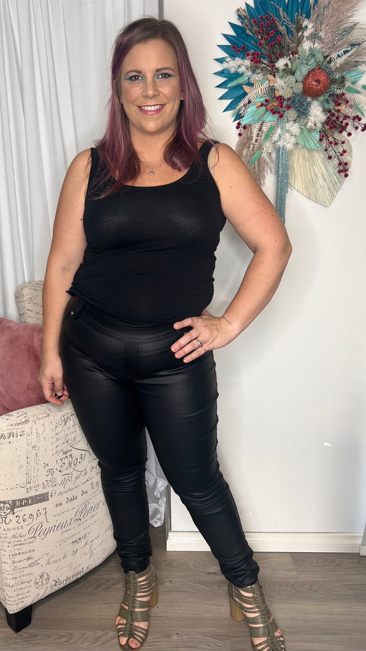 Leather Look Pants: Our "leather" wet look black pants are a new season must-have. A pull-on style pant with the comfort of a jegging but with an elevated coated finish. Style with a si - Ciao Bella Dresses - Bee Maddison