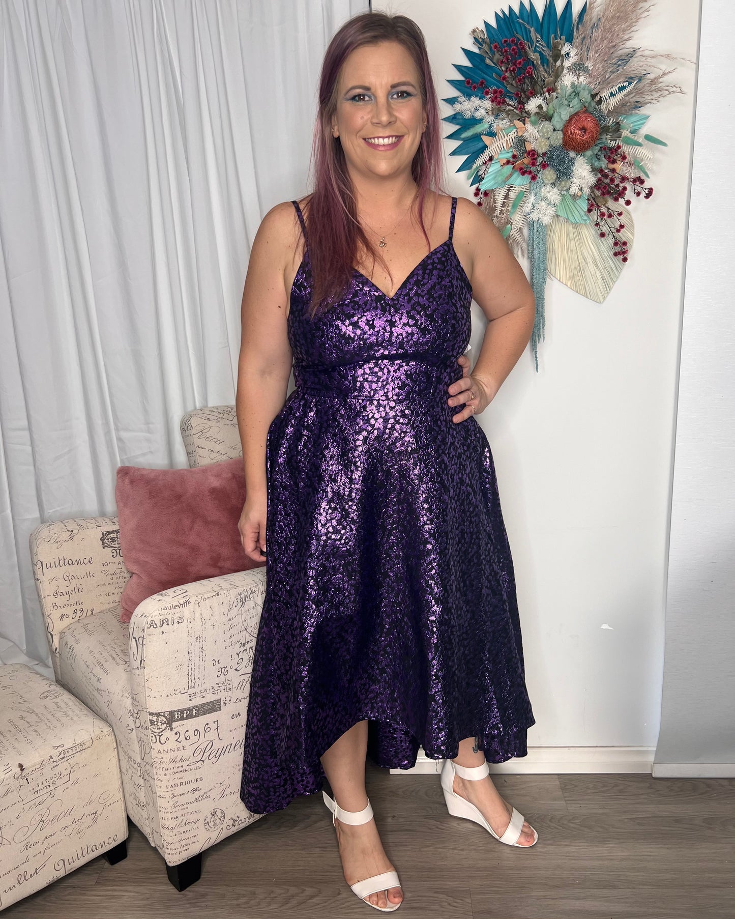 Aubrey Foil Print Cocktail Dress | Goddiva | The Aubrey Dress is sure to turn heads at your next evening event, with the foil print throwing just a hint of sass. It is a high low style dress with a structure to
