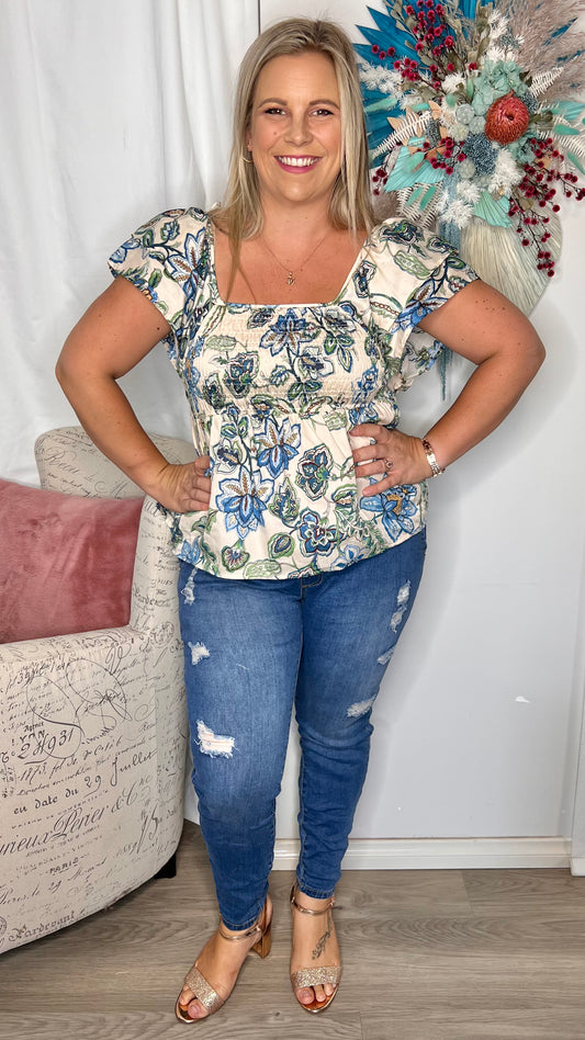 Zoey Frill Sleeve Shirt: The Zoey Frill Top will make the cutest addition to your Summer wardrobe! In a lightweight and flattering fit , it features a flutter frill sleeve and shirred bodice - Ciao Bella Dresses - Sass Clothing