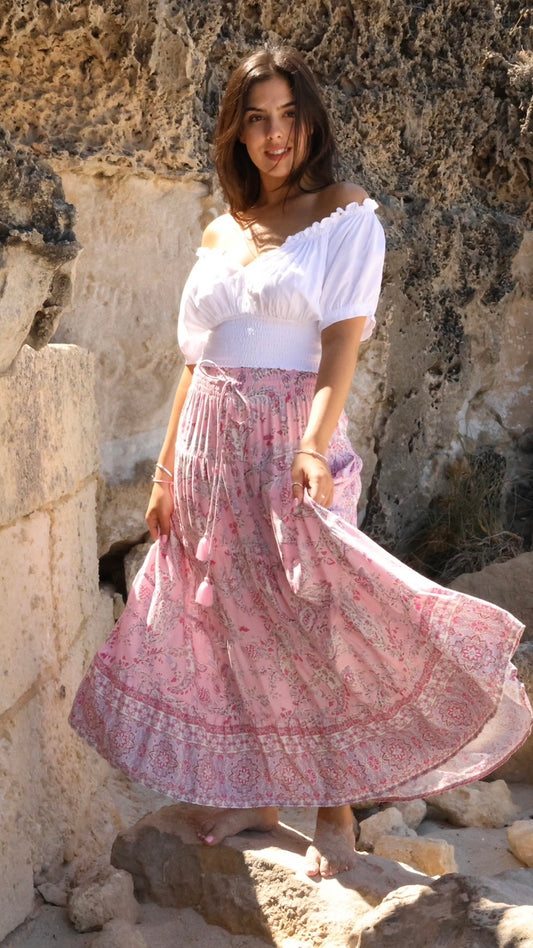 Penny Maxi Skirt - Pink Lemonade: This stunning piece is comfortable as well as absolutely stunning
Features: 

Shirred waistband with draw string
Maxi length
True to size
Tiered flowy shape
Danika w - Ciao Bella Dresses - Honey & Stone