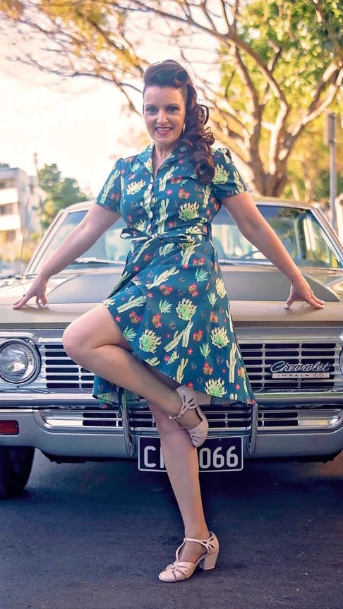 Betty Dress - Arizona Garden: 
The Betty Dress features a fitted shirt waist bodice with 4 buttons, cinched waist, flared skirt, turn down collar, side pockets, fully lined bodice, short sleeves, - Ciao Bella Dresses - Miss Molly M Designs