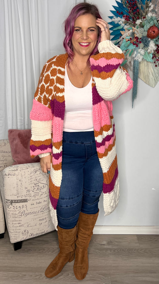 Munich Maxi Cardigan: Fun! Check out this show stopping cardi. Wrap yourself in this bright and cosy oversized knit that will get you through the gloomiest winters day
Features:

Long, ov - Ciao Bella Dresses - Ebby and I