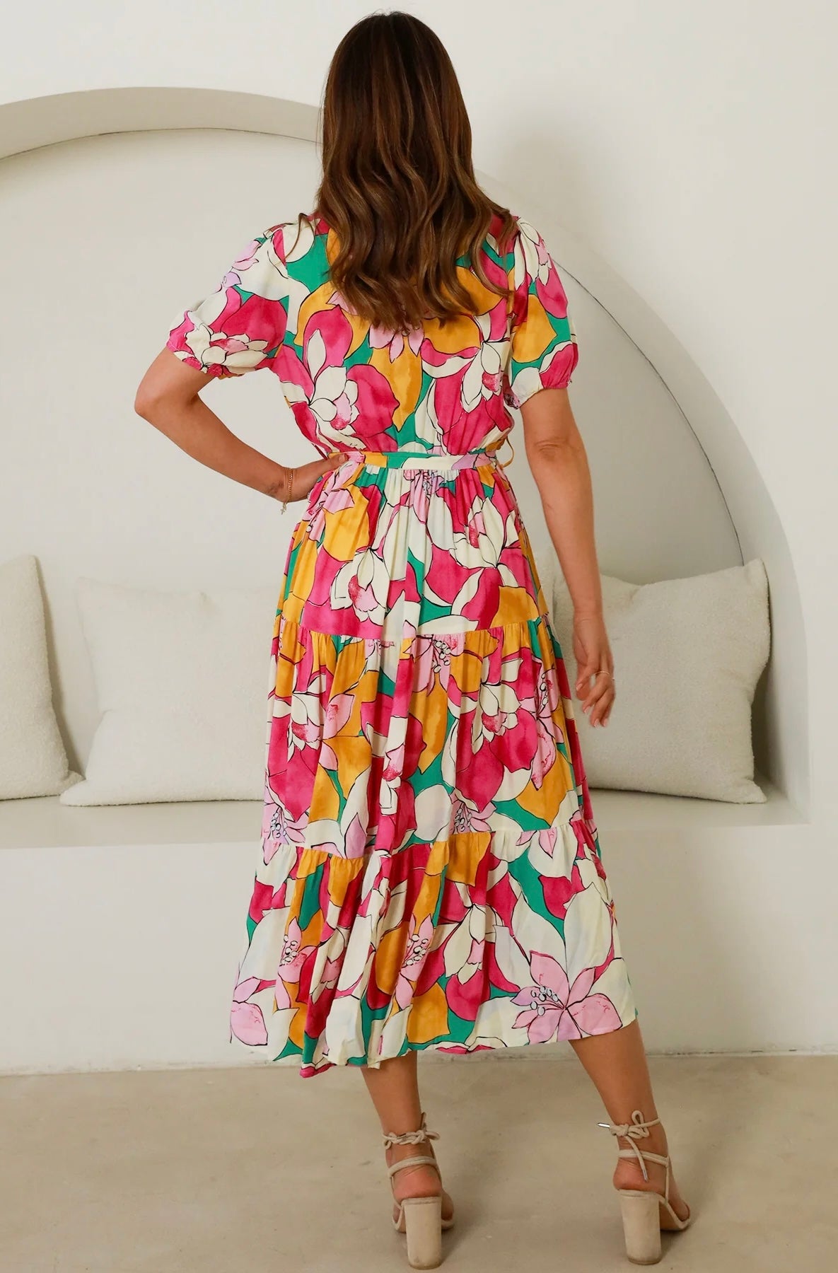 ***NEW*** Tallulah Midi Dress: Tallulah brings vibrant pinks, yellows and greens together in a vibrant floral print and super cute shape. It has a tiered midi skirt, crossover bust and elasticated - Ciao Bella Dresses 