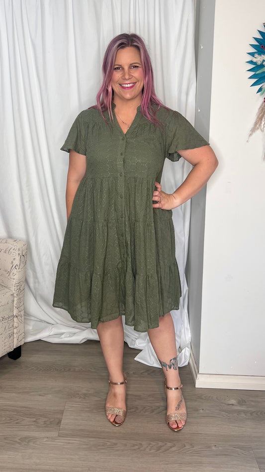Elissa Dress - Khaki | Boho Australia | The Elissa Dress is a super cute shape with a detailed overlay giving it that little bit extra. It has buttons, making it breastfeeding friendly, and pockets!
Featur