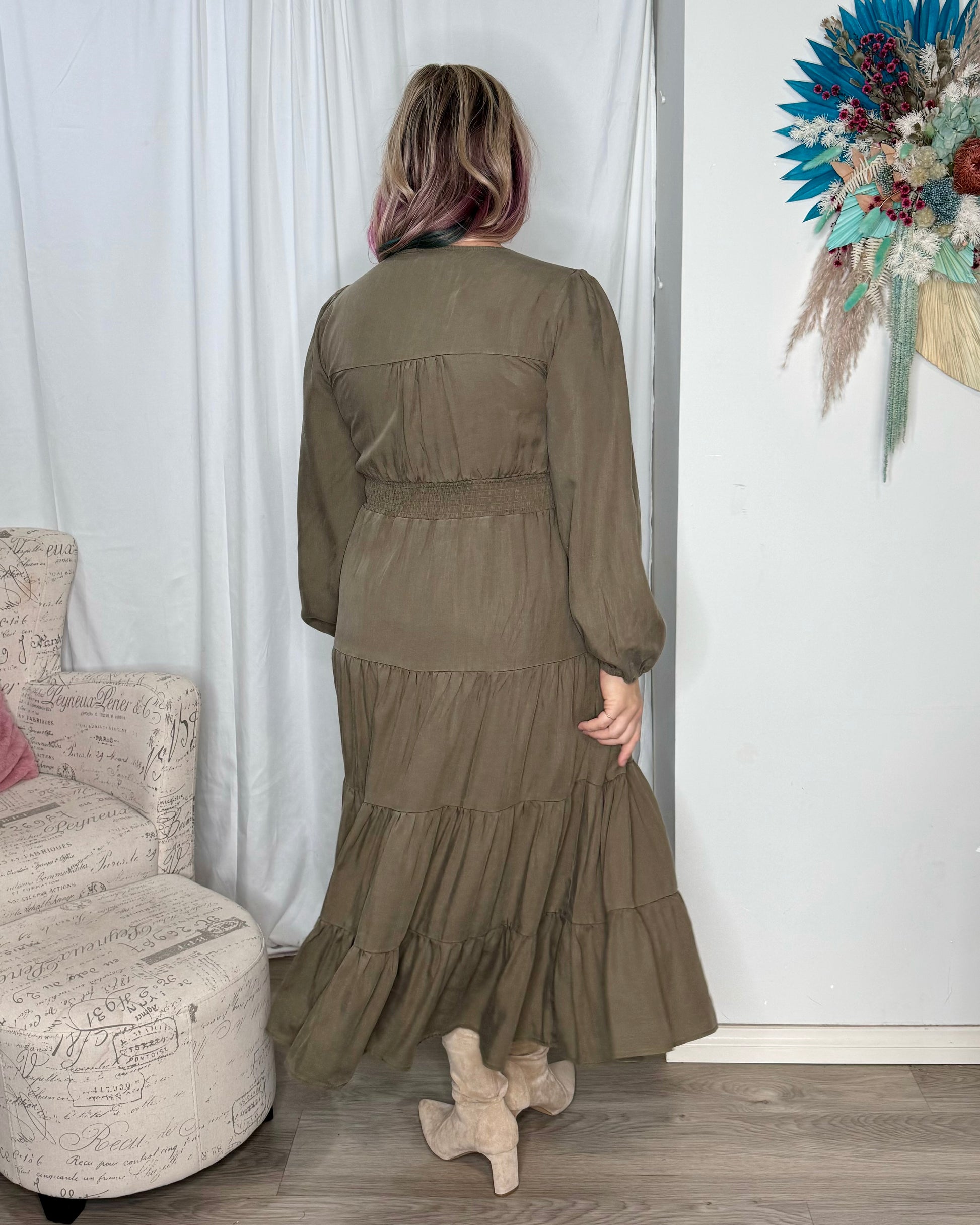 khaki tiered midi dress Daisy Print Tiered Midi Dress