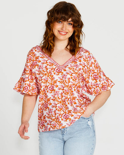 **NEW** Ashley V-Neck Top: Elevate your casual chic with the Ashley V-Neck Top! Designed for a relaxed fit, this top features a flattering V neckline and playful fluted short sleeves for a tou - Ciao Bella Dresses - Sass Clothing