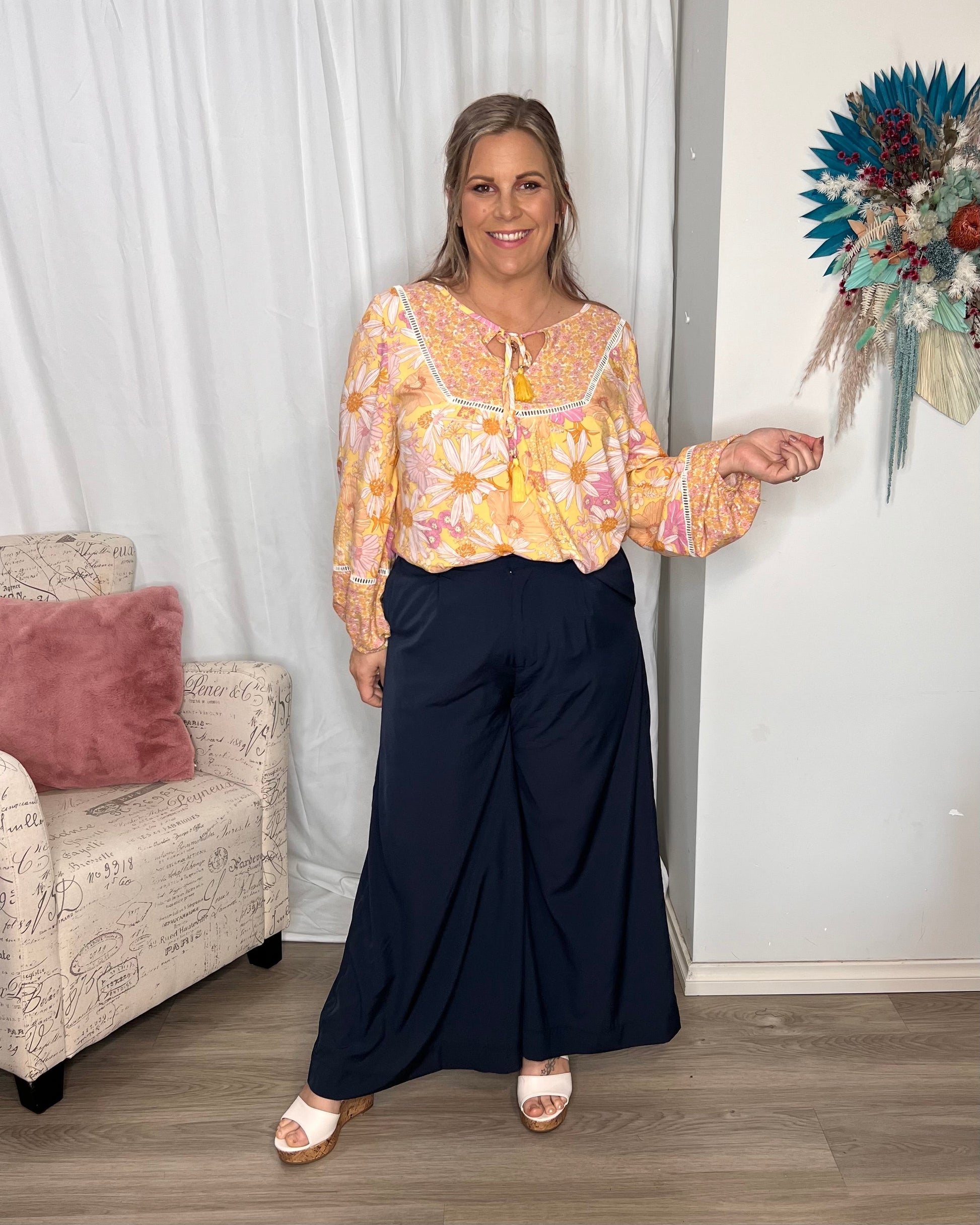 Lillian Palazzo Pants - Navy | Sass Clothing | The Lillian Palazzo Pants are a stunning shape to take you from office to after hours, year round. The pleats at the top streamline into a wide leg for the utmost in