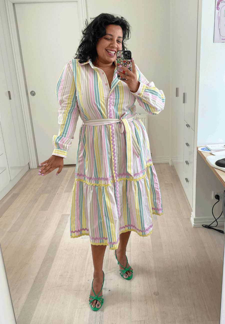 **NEW** Gelato Striped Button Down Dress | Kholo | This best selling shape is designed to skim over your curves and feel tapered but with enough #pastaspace. The Kholo favourite Button Down Dress is here in a super s