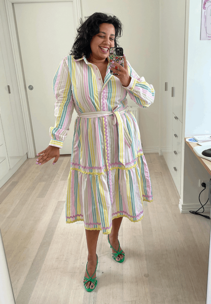 **NEW** Gelato Striped Button Down Dress | Kholo | This best selling shape is designed to skim over your curves and feel tapered but with enough #pastaspace. The Kholo favourite Button Down Dress is here in a super s