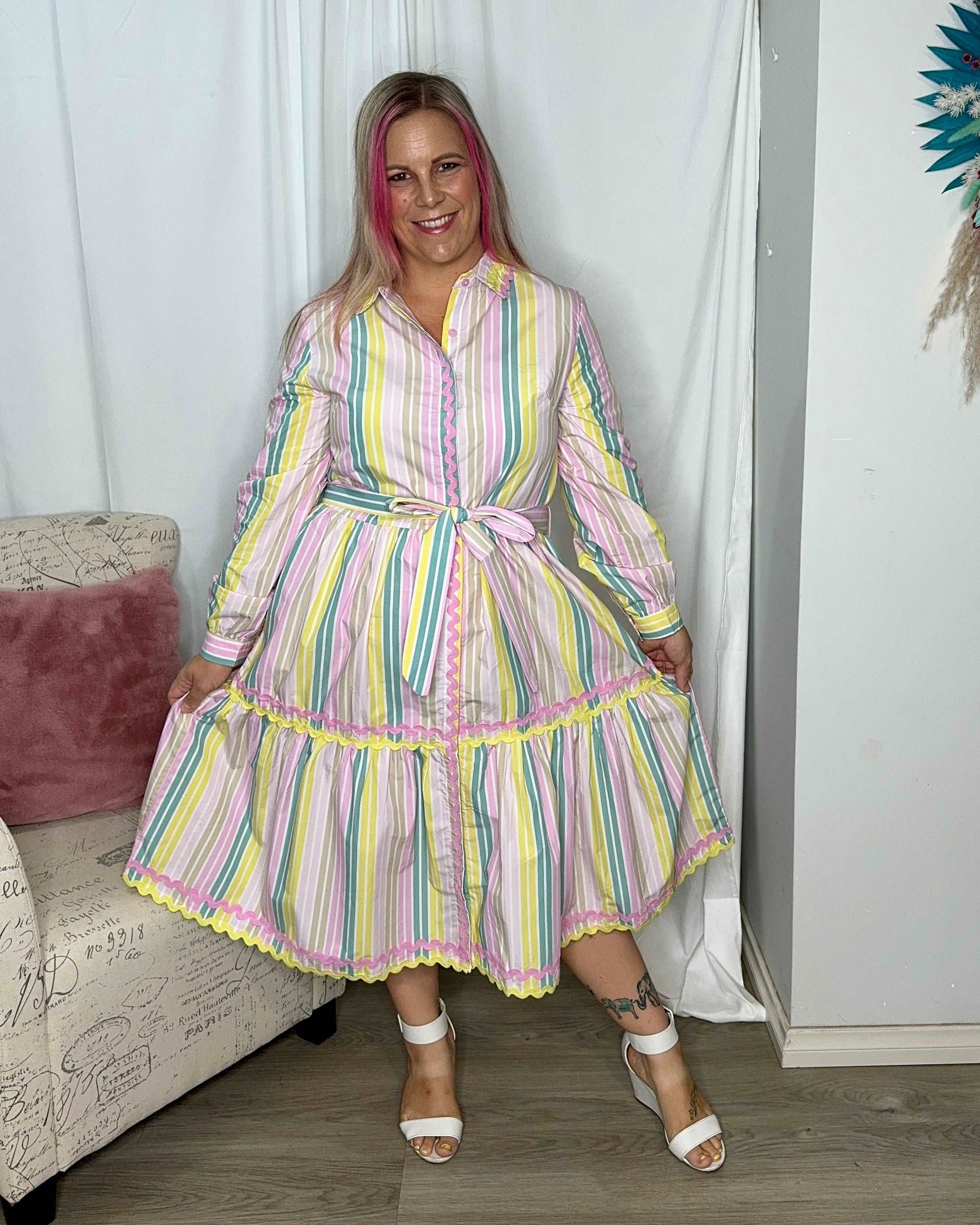 **NEW** Gelato Striped Button Down Dress | Kholo | This best selling shape is designed to skim over your curves and feel tapered but with enough #pastaspace. The Kholo favourite Button Down Dress is here in a super s