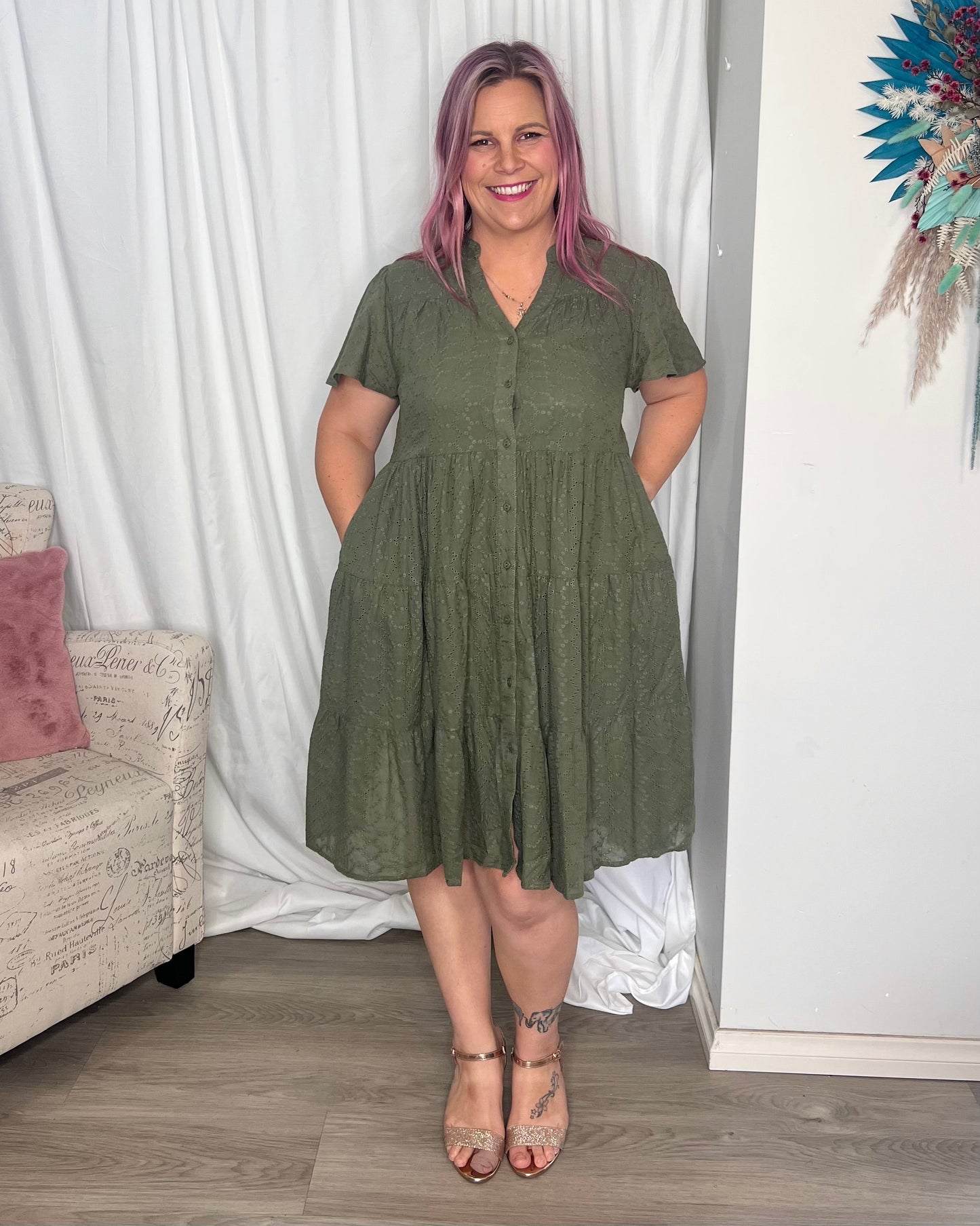 Elissa Dress - Khaki | Boho Australia | The Elissa Dress is a super cute shape with a detailed overlay giving it that little bit extra. It has buttons, making it breastfeeding friendly, and pockets!
Featur