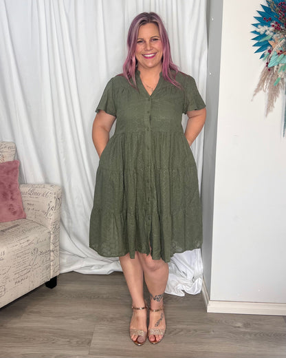 Elissa Dress - Khaki | Boho Australia | The Elissa Dress is a super cute shape with a detailed overlay giving it that little bit extra. It has buttons, making it breastfeeding friendly, and pockets!
Featur