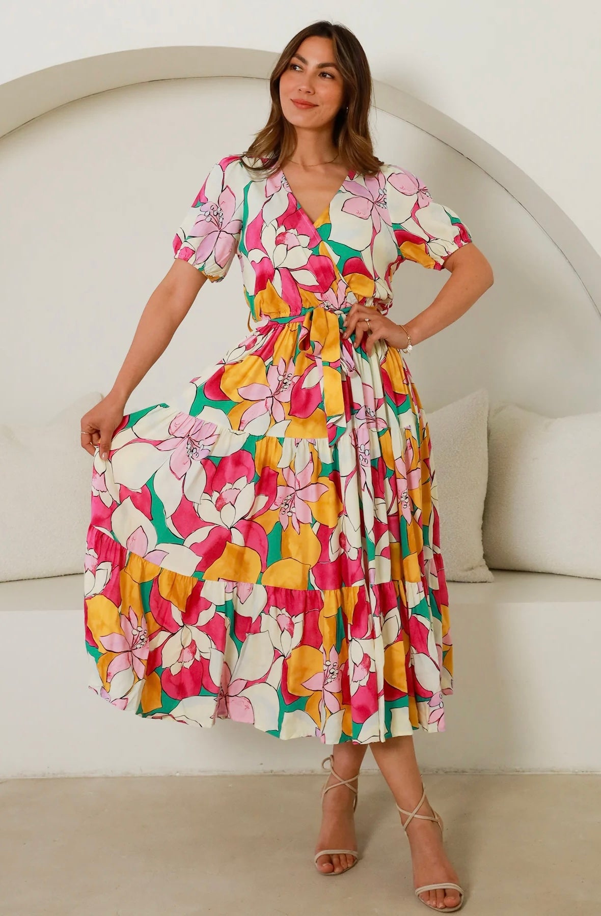 ***NEW*** Tallulah Midi Dress: Tallulah brings vibrant pinks, yellows and greens together in a vibrant floral print and super cute shape. It has a tiered midi skirt, crossover bust and elasticated - Ciao Bella Dresses 