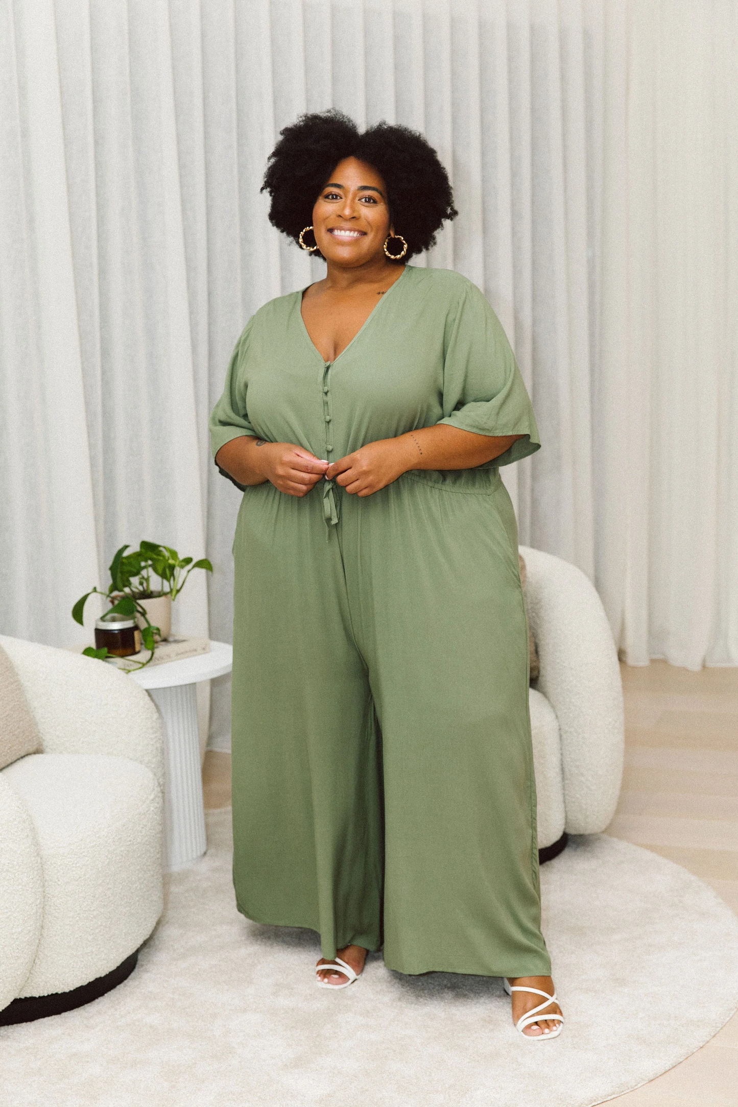 Morgan Jumpsuit - Khaki | Peach the Label | Super fun, super floaty and creates an instant one-item outfit! We love how easy to wear this jumpsuit is with its versatile fit - cinch it in as much or as little a