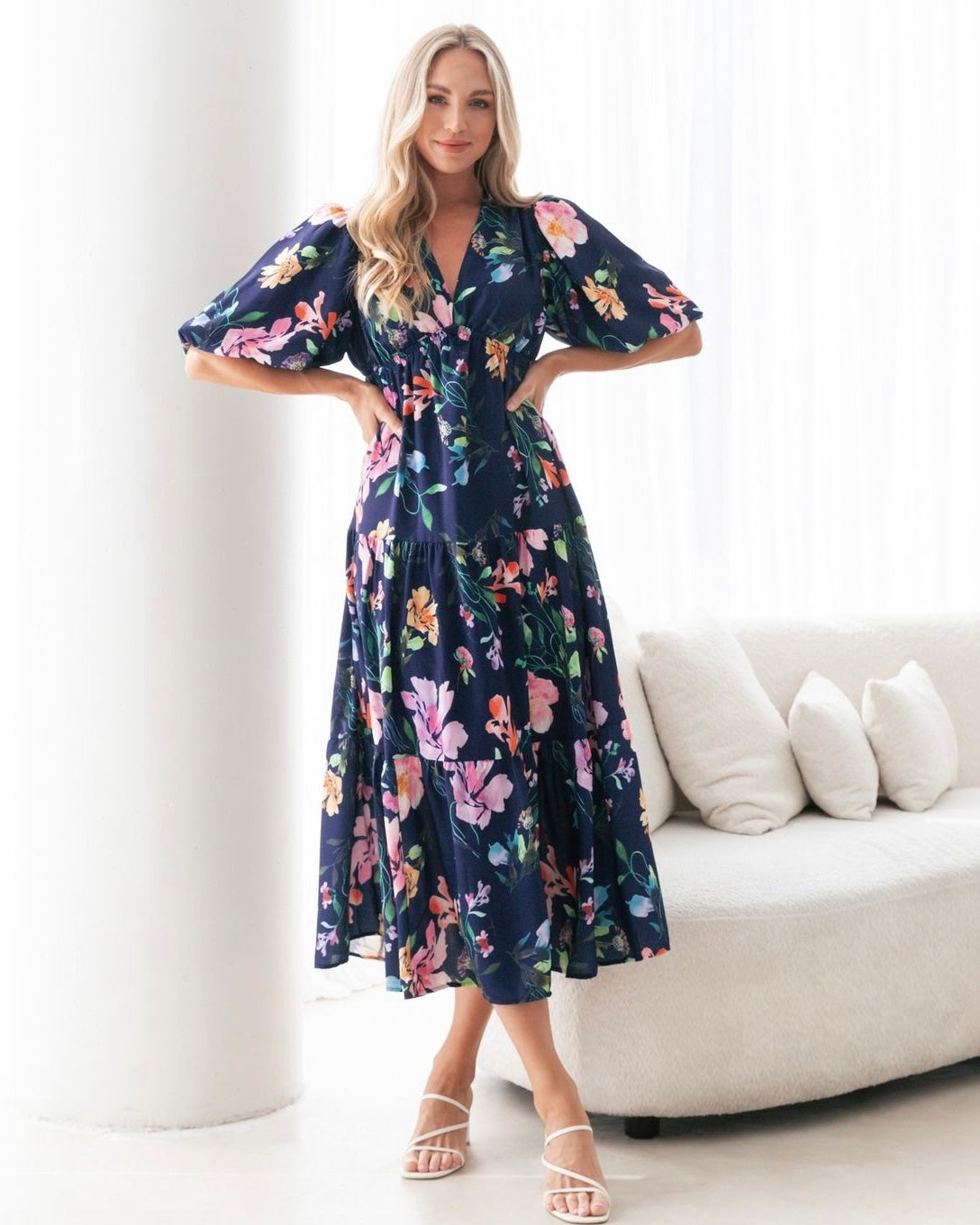 Picture Perfect Floral Midi Dress: Picture Perfect by name, Picture Perfect by nature. The stunning watercolour floral print against a navy background make this dress the picture perfect option to you - Ciao Bella Dresses 