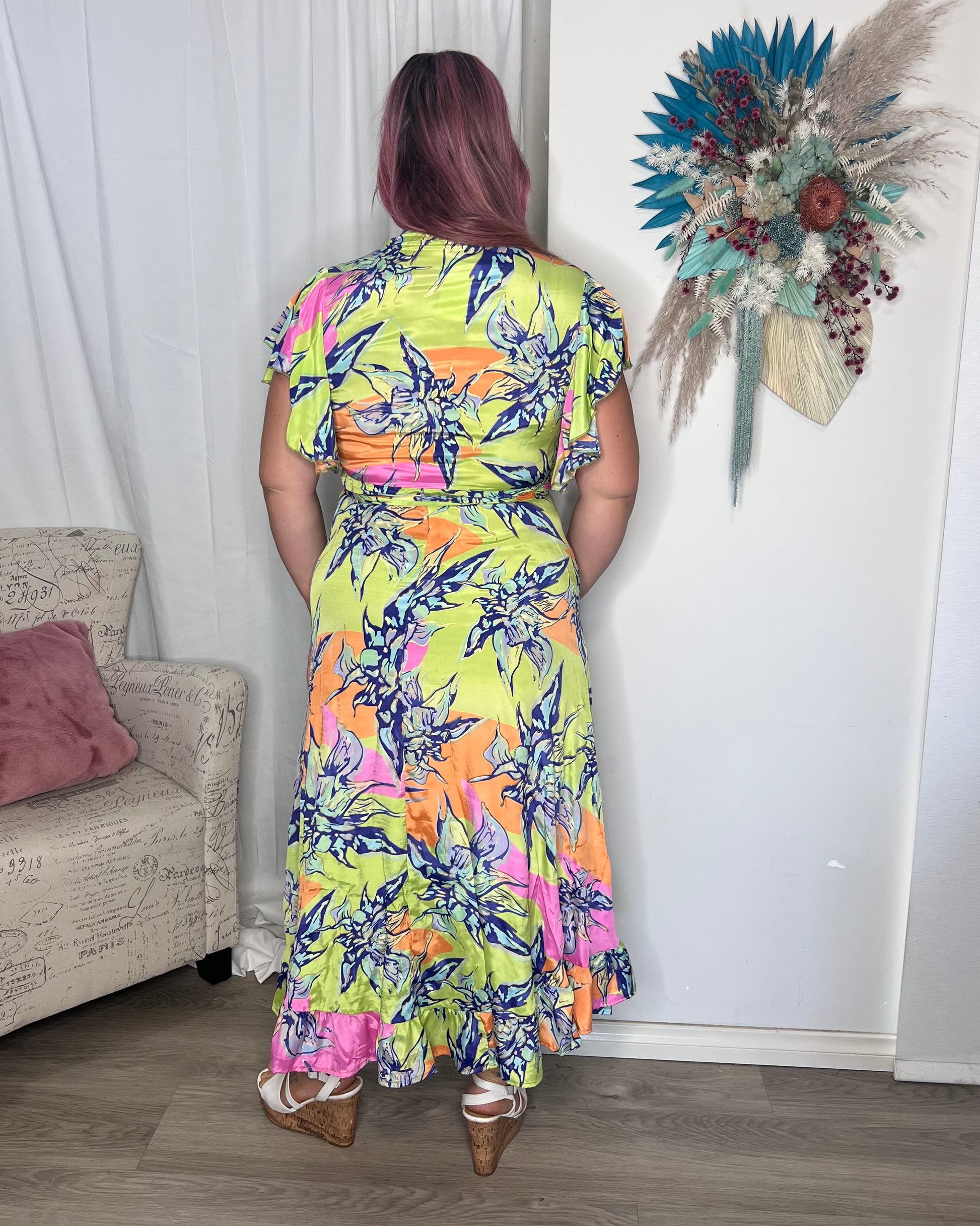 ***NEW*** Ava Wrap Midi Dress: Introducing the Ava Wrap Dress in the new Lime Print, perfect for adding a fresh pop of color to your wardrobe! This signature silk blend dress is bright and bold, m - Ciao Bella Dresses 