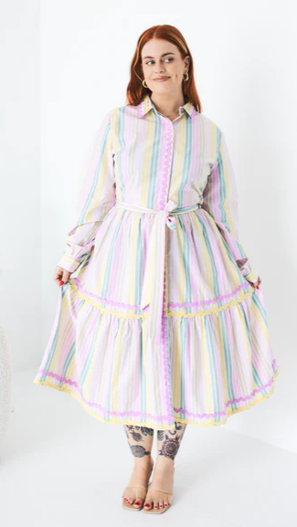 **NEW** Gelato Striped Button Down Dress | Kholo | This best selling shape is designed to skim over your curves and feel tapered but with enough #pastaspace. The Kholo favourite Button Down Dress is here in a super s