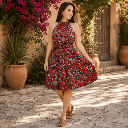 Amy Halter Midi Dress - Red Floral