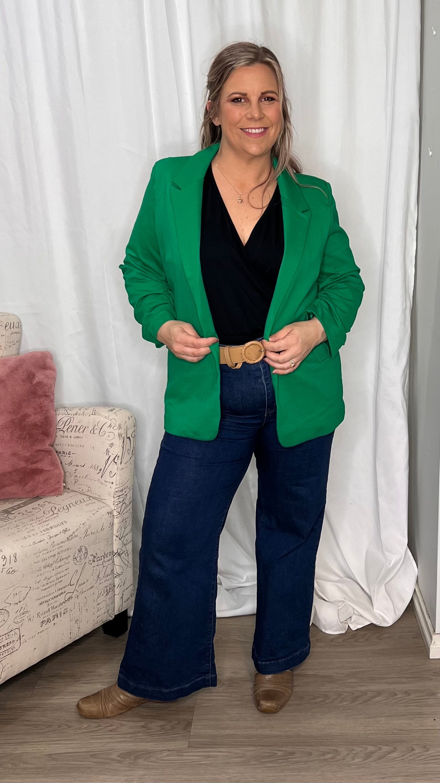 Merci Ponte Blazer - Green | Betty Basics | Introducing the Ponte Blazer, where comfort meets style with a fun and laid-back twist! Made with a soft stretch hand feel, this blazer is designed to keep you feeli