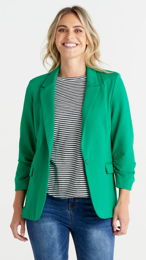 Merci Ponte Blazer - Green | Betty Basics | Introducing the Ponte Blazer, where comfort meets style with a fun and laid-back twist! Made with a soft stretch hand feel, this blazer is designed to keep you feeli