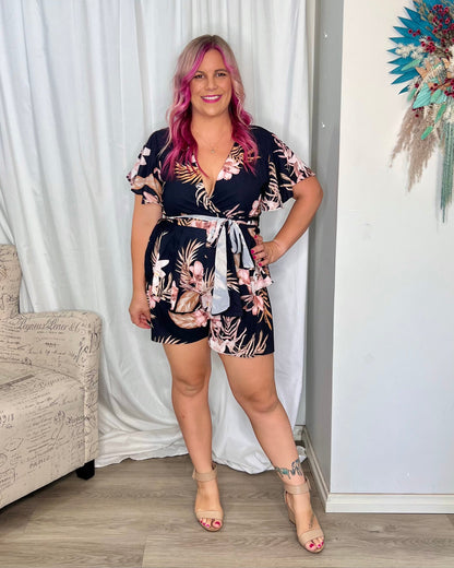 *NEW* Lynette Playsuit - Hot Pink Floral | Sao by Dee | The Lynette Playsuit features a gorgeous V neckline, attached waist tie to tie to the front and a tiered ruffle overlay on the bottom half. A reason to love a playsu