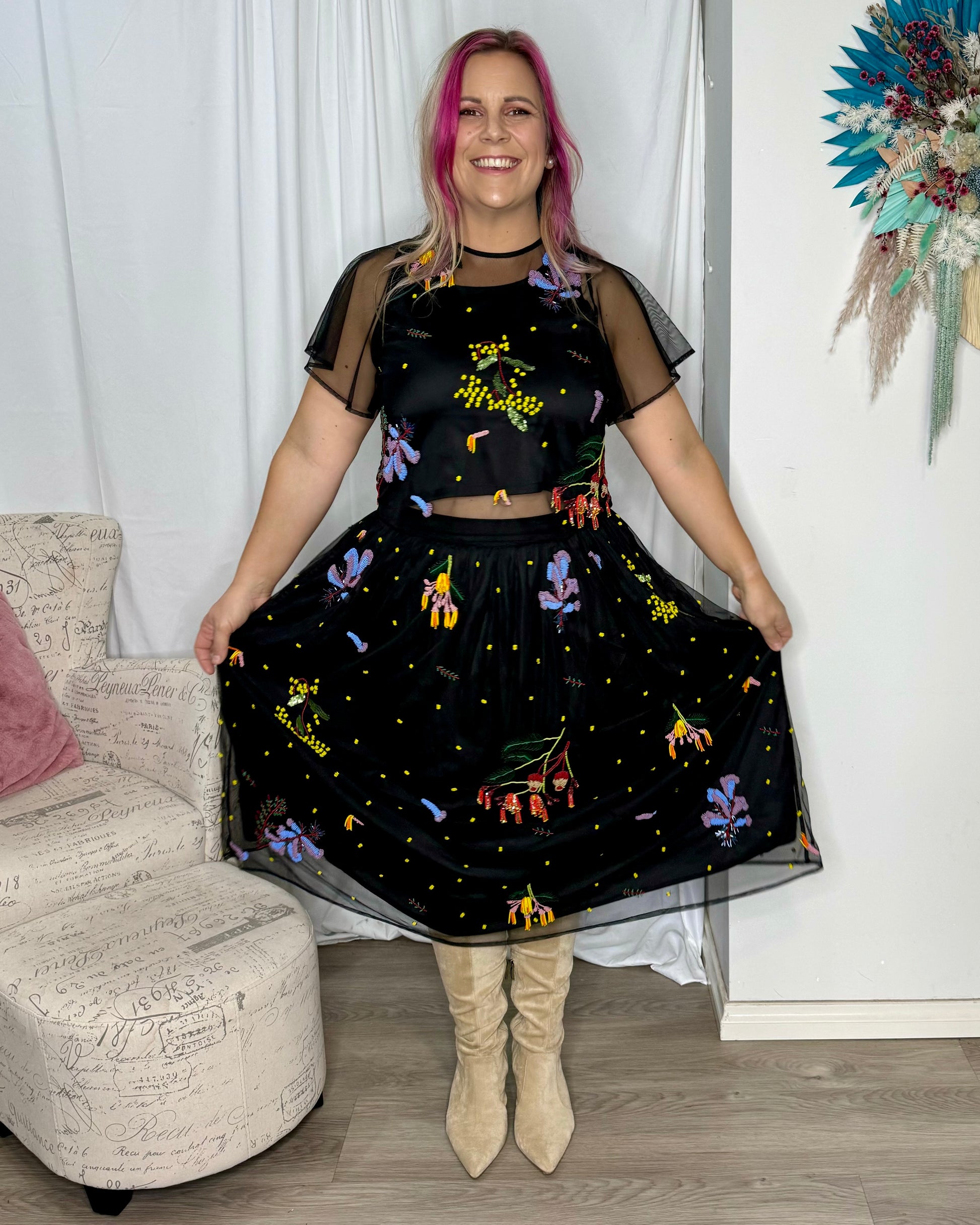 **NEW** Botanica Nights Breezy Pleats Skirt | Kholo | This may in fact be the most stunning combo around. Match your new Beaded Top with the Breezy Pleats skirt, with matching hand-embroidered botanical designs. This st