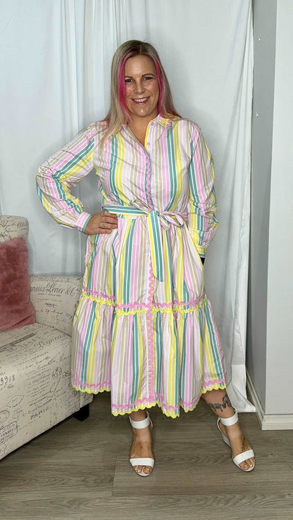 **NEW** Gelato Striped Button Down Dress | Kholo | This best selling shape is designed to skim over your curves and feel tapered but with enough #pastaspace. The Kholo favourite Button Down Dress is here in a super s