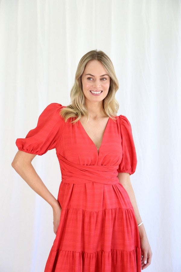 Natalia Crossover Dress: The Natalia Dress is ready for your next cocktail event. It is a long midi dress with a full tiered skirt with plenty of swish. The bodice is a low V cut, with a hoo - Ciao Bella Dresses 