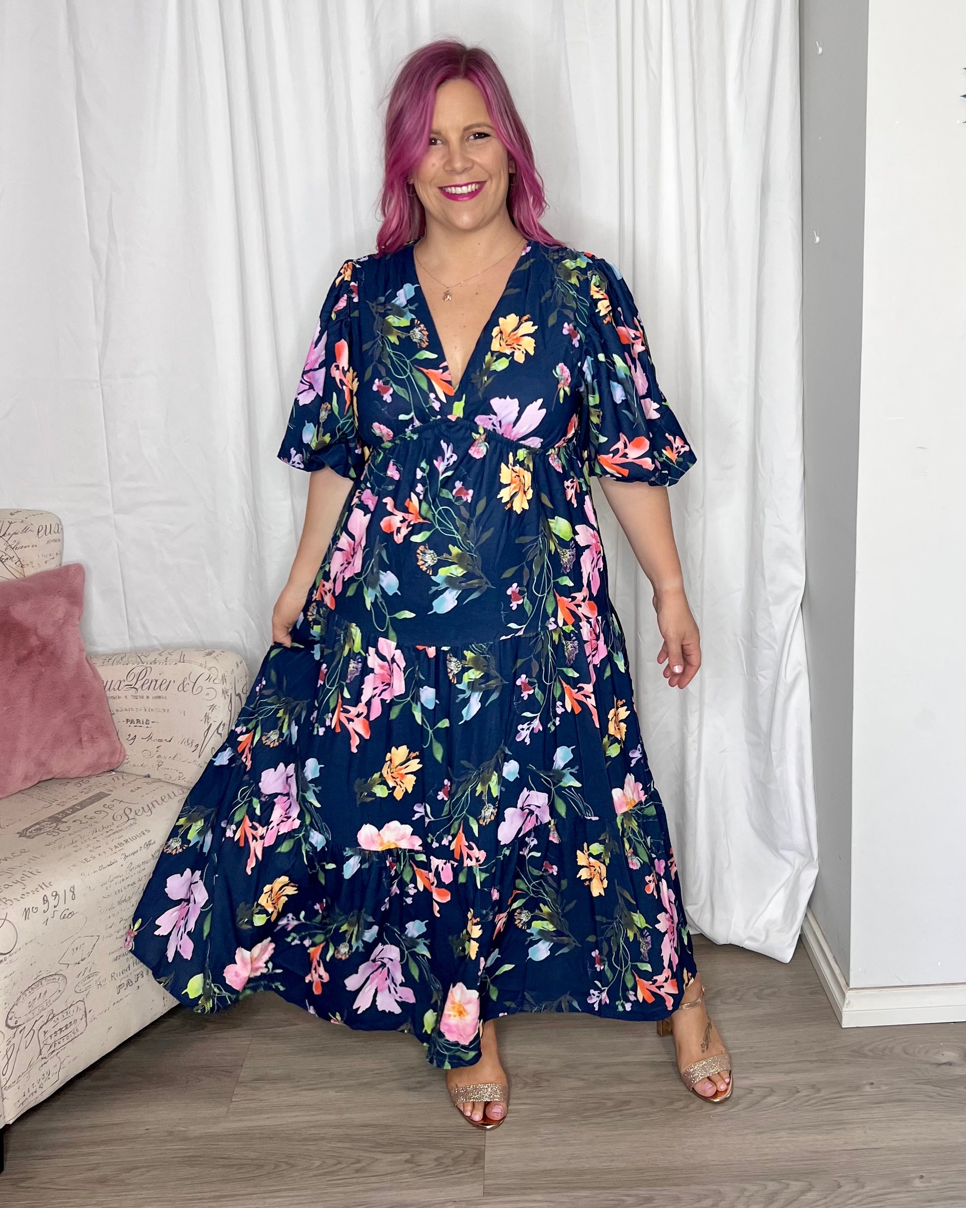 Picture Perfect Floral Midi Dress: Picture Perfect by name, Picture Perfect by nature. The stunning watercolour floral print against a navy background make this dress the picture perfect option to you - Ciao Bella Dresses - Ebby and I