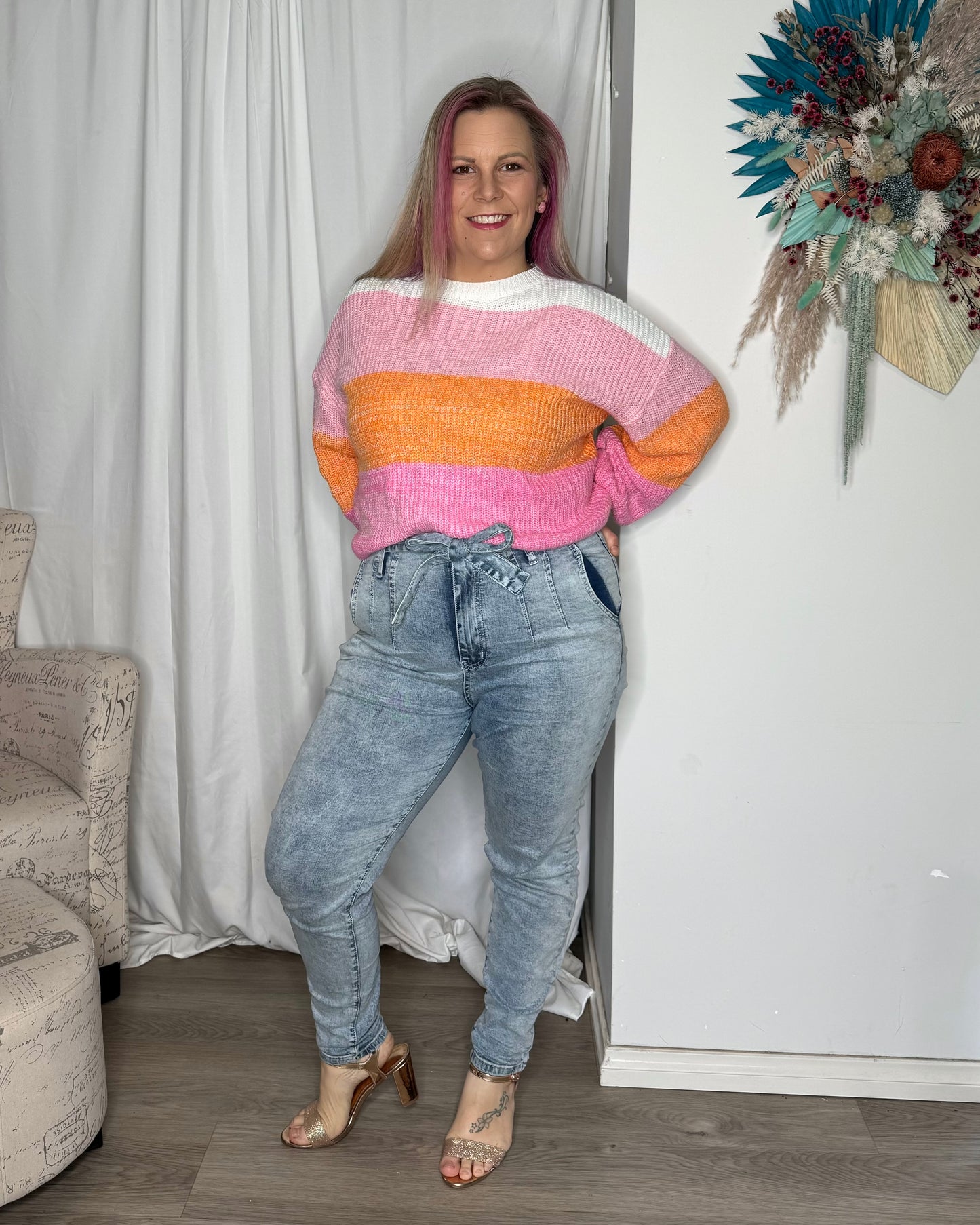 Vivien Jumper - Pink and Orange | Ebby and I | Vivien is  a semi cropped boxy knit, perfect for layering as the weather gets cooler. The hemline sits around waist height. It had balloons sleeves ending in a ribbe