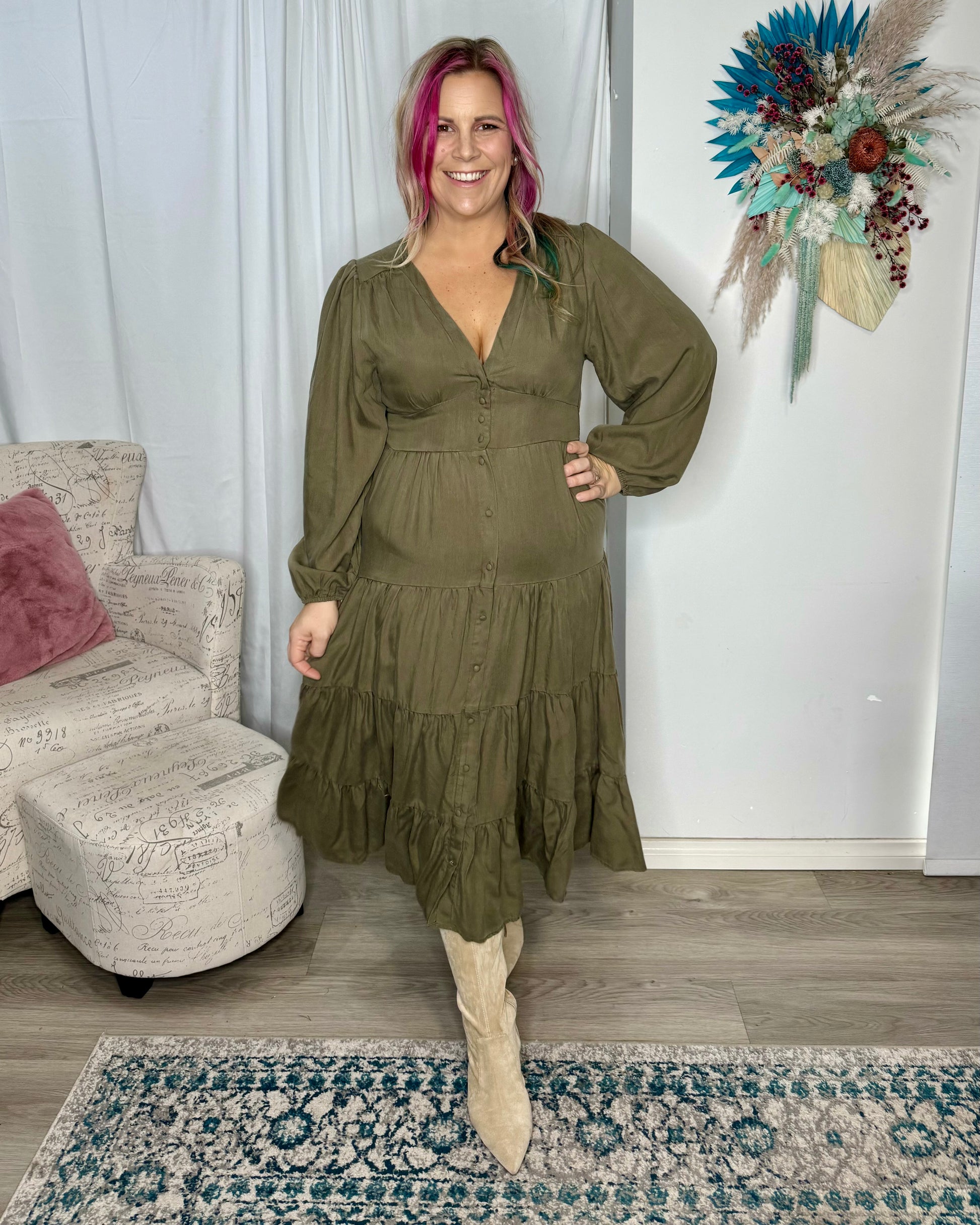 khaki tiered midi dress The Jennifer Tiered Midi Dress in Olive Khaki Piper & Scoot
