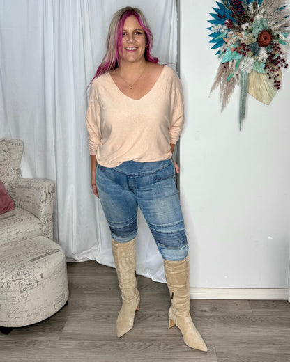 Moto Panel Jeans by Wakee - Light Wash | Wakee Denim | The ultimate in comfort. With the look of jeans but the comfort of leggings, you won’t want to take these off! With a comfortable and stretchy fit, these jeans allow