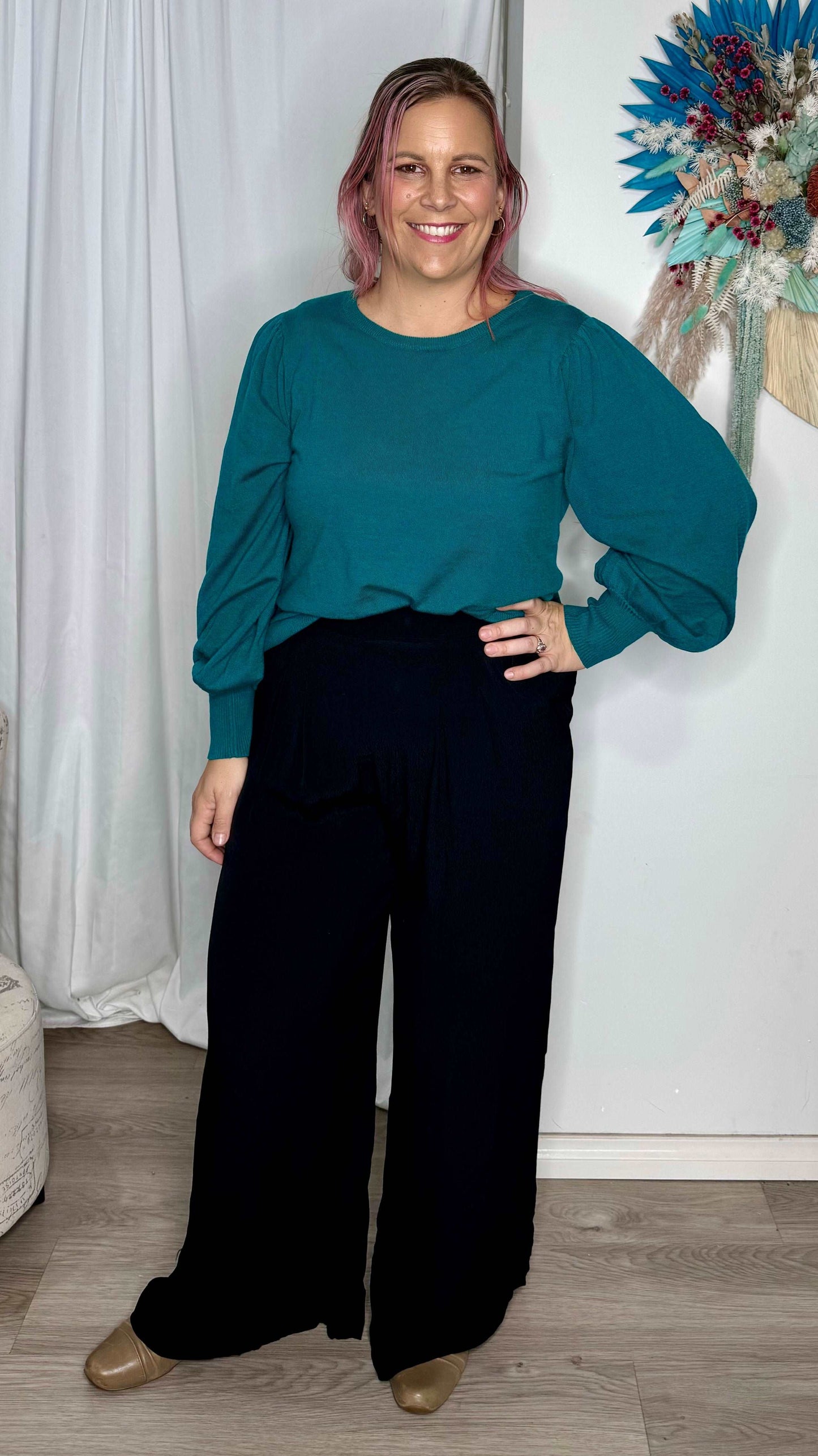 **NEW** Charlotte Knit Jumper - Teal | Betty Basics | This relaxed fit jumper features a crew neckline and unique balloon sleeves, perfect for adding some pizazz to your autumn wardrobe. Made from the softest material, 