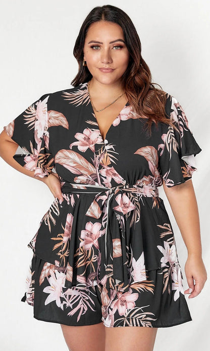 *NEW* Lynette Playsuit - Hot Pink Floral | Sao by Dee | The Lynette Playsuit features a gorgeous V neckline, attached waist tie to tie to the front and a tiered ruffle overlay on the bottom half. A reason to love a playsu