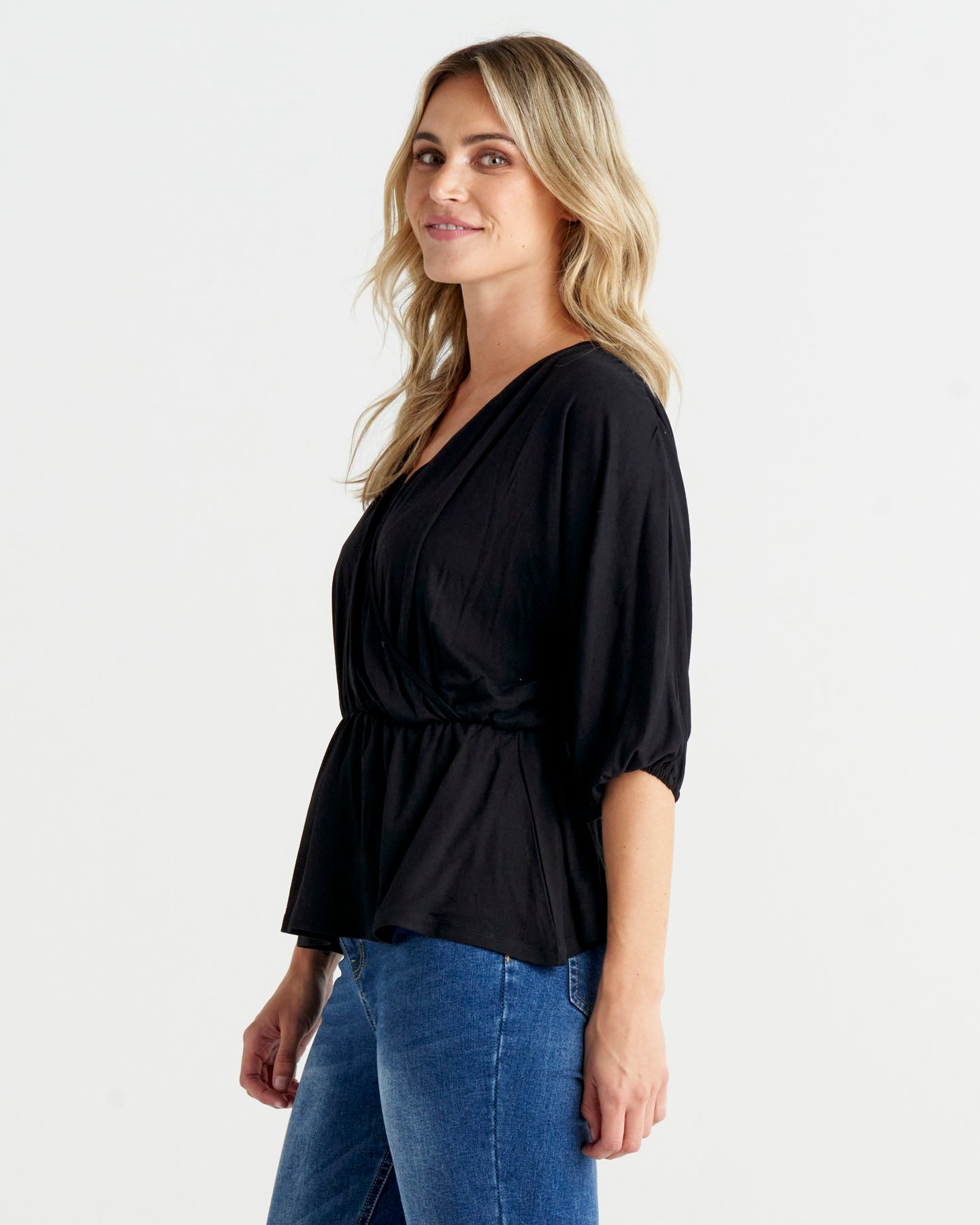 Bayeaux Wrap Top - Black | Betty Basics | The Bayeaux Top combines a classic shape with a comfortable fit, making this the go to when pairing with your fave bottoms
Features:

Faux wrap (breastfeeding friend