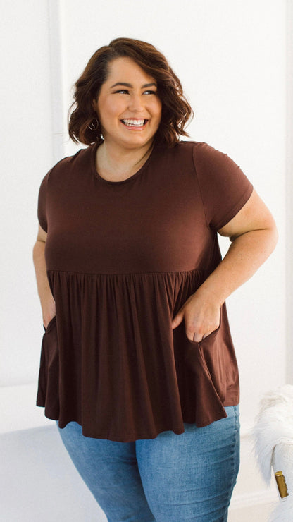 Lucy Tee - Chocolate | Peach the Label | Talk about cute!! Who said your favourite chuck on and go tee had to be boring? Lucy's got the sweetest shape, hidden pockets (that's right, in a top!) and a necklin